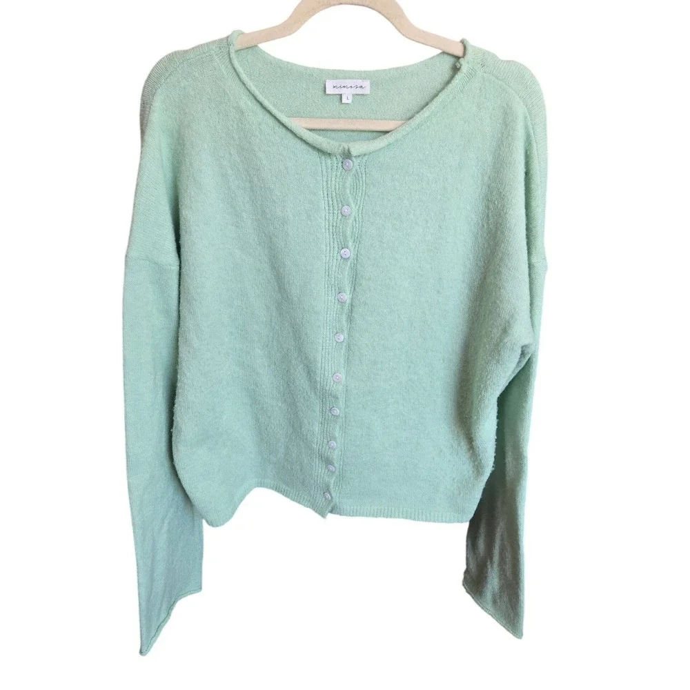 Mimosa Cardigan Sweater Mint Green Crew Neck Long Sleeve Preppy Minimalist Large - Picture 1 of 6